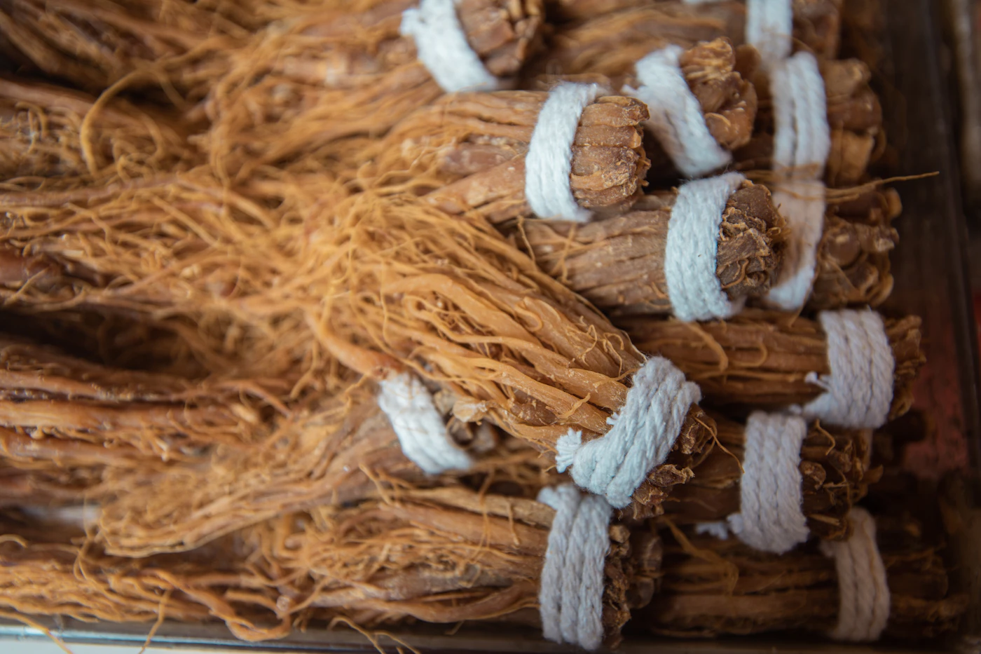 Bundles of dried ginseng roots tied with string at a Chinese herb market