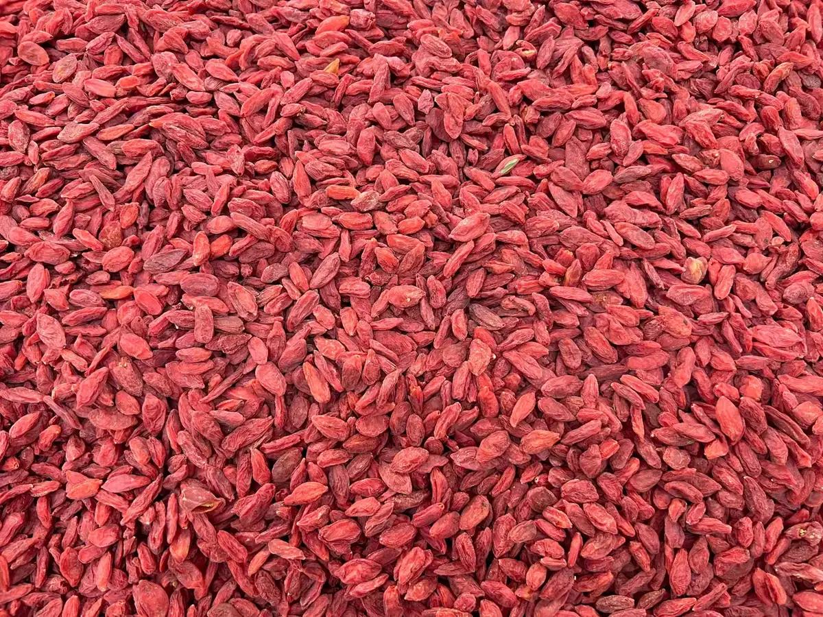 A close-up pile of dried red goji berries (Gou Qi Zi)